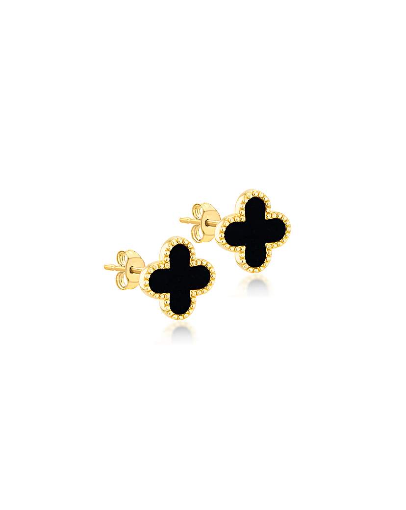 New In - 9ct Yellow Gold Onyx Petal Stud Earrings