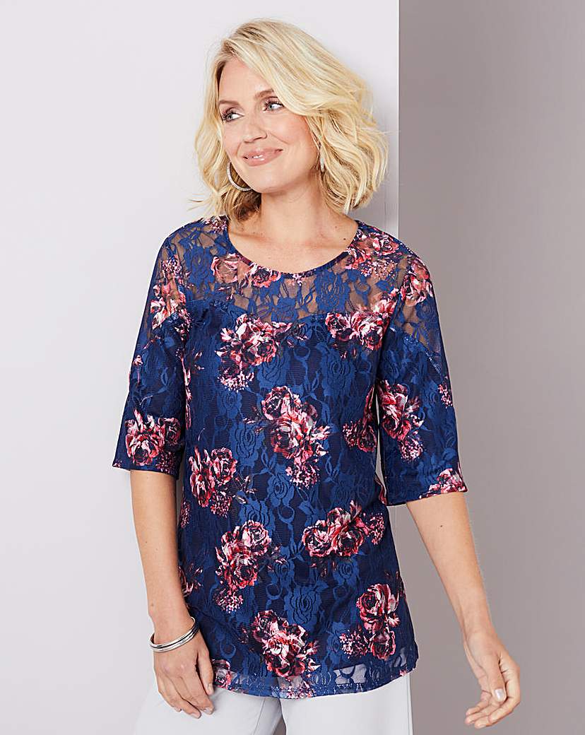 Image of Julipa Navy Floral Print Lace Swing Top