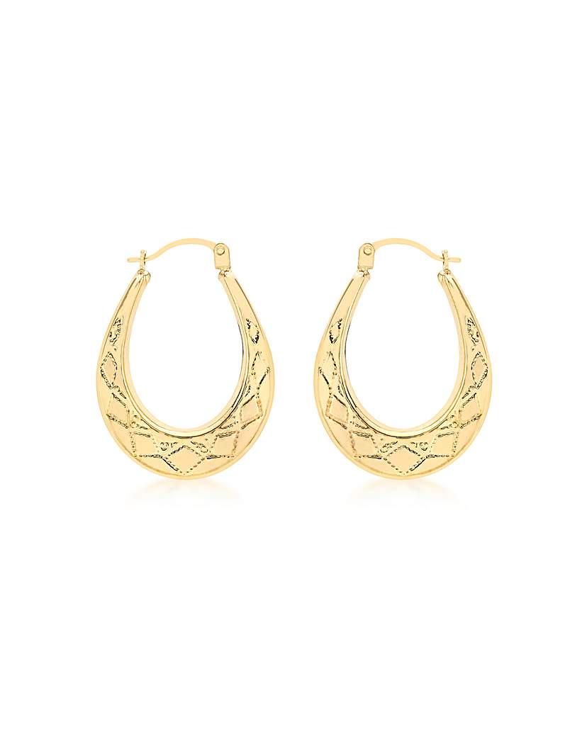 9ct Gold Patterned Oval Creole Earrings