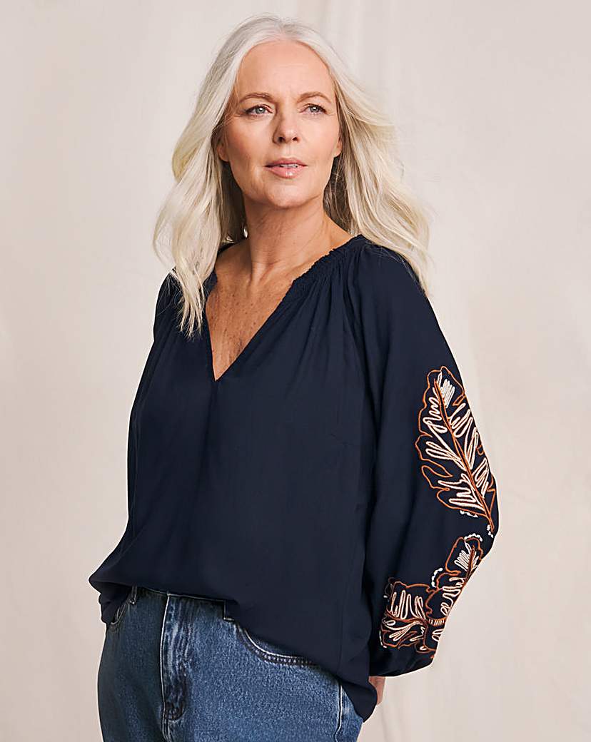 New In - Julipa Palm Embroidered Navy Blouse