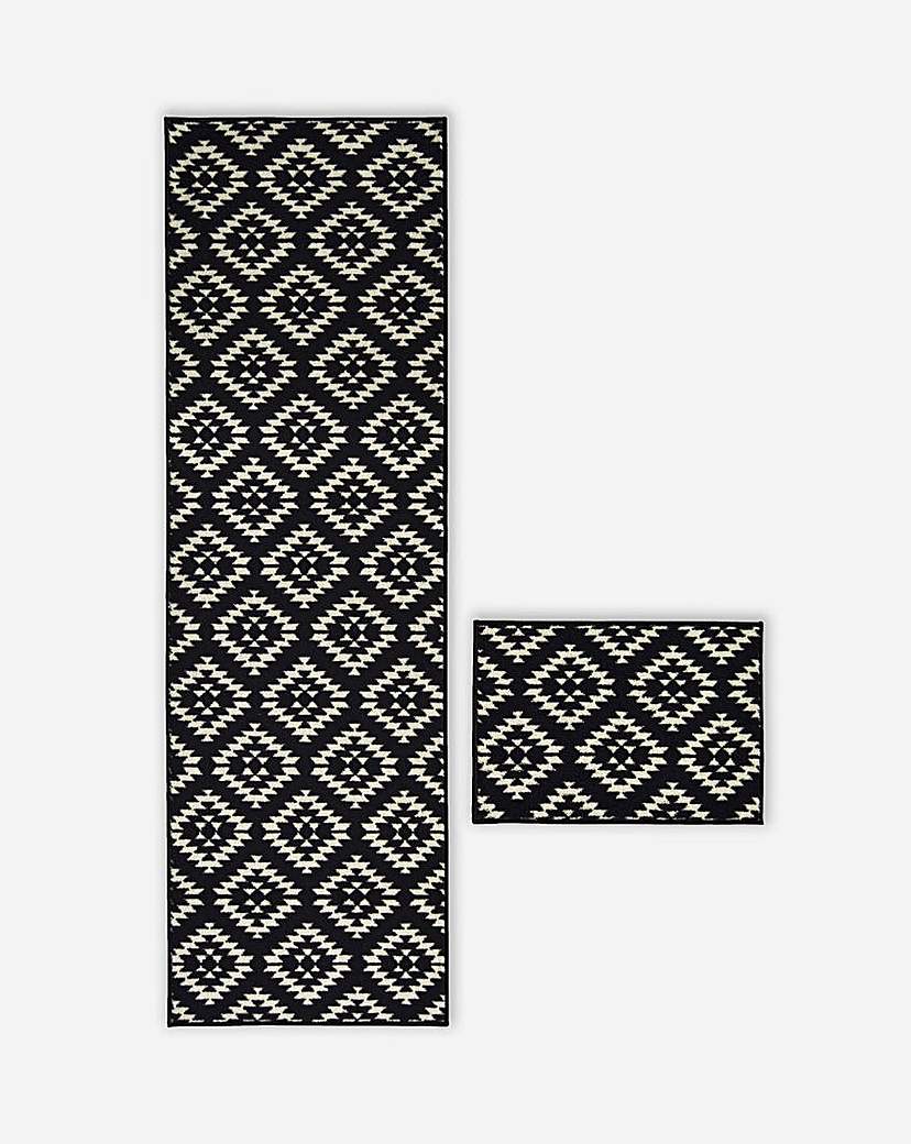 Aztec Runner & Doormat Set - Black