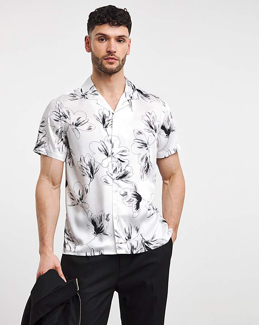 Mono Floral Print Cuban Collar Shirt