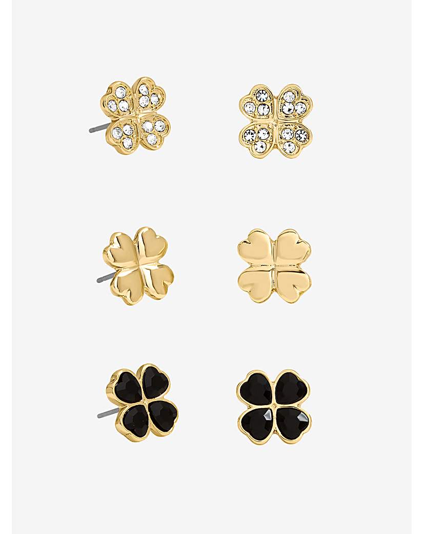 Gold & Jet Crystal Clover 3 Pack Studs