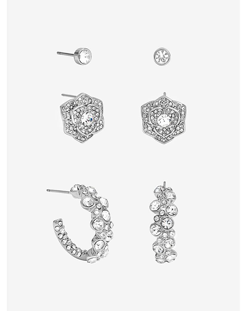 Silver Floral Crystal 3 Pack Earrings