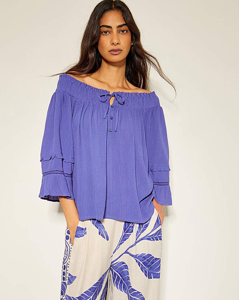 Monsoon Ava Off-The-Shoulder Smock Top - Blue