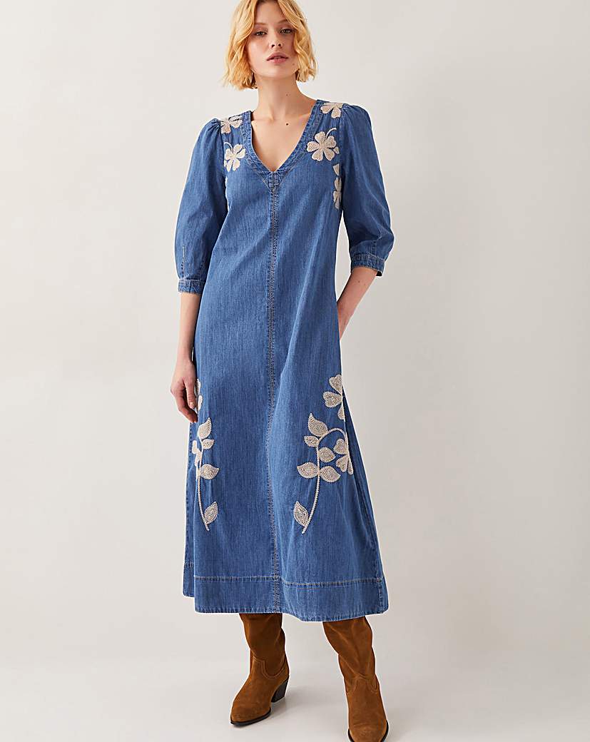 New In - Monsoon Fallon Floral Denim Midi Dress