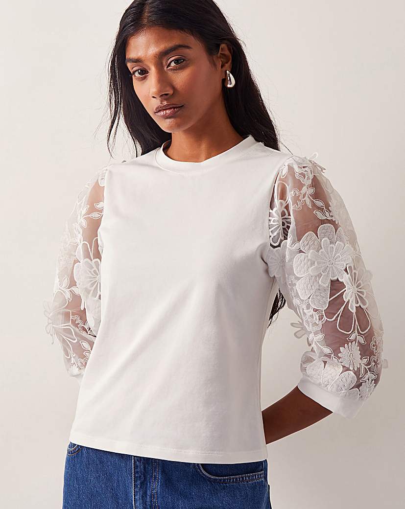 New In - Monsoon Fi Floral Sheer-Sleeve Top