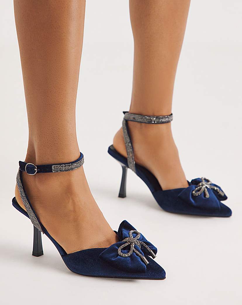 Velvet Bow Trim Heeled Shoes Wide