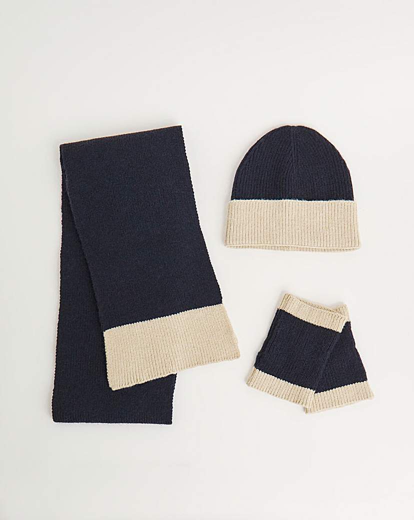 Navy Contrast Scarf Hat & Handwarmer Set