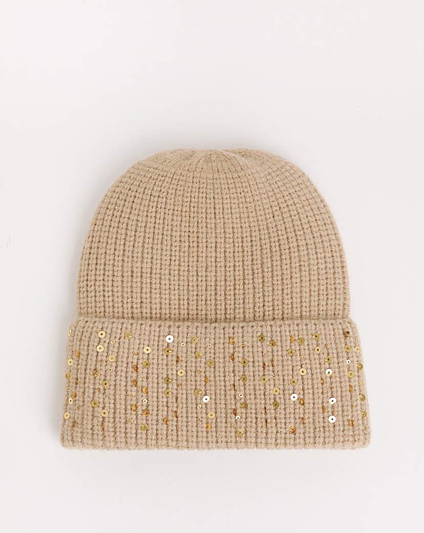 Beige Sequin Detail Beanie