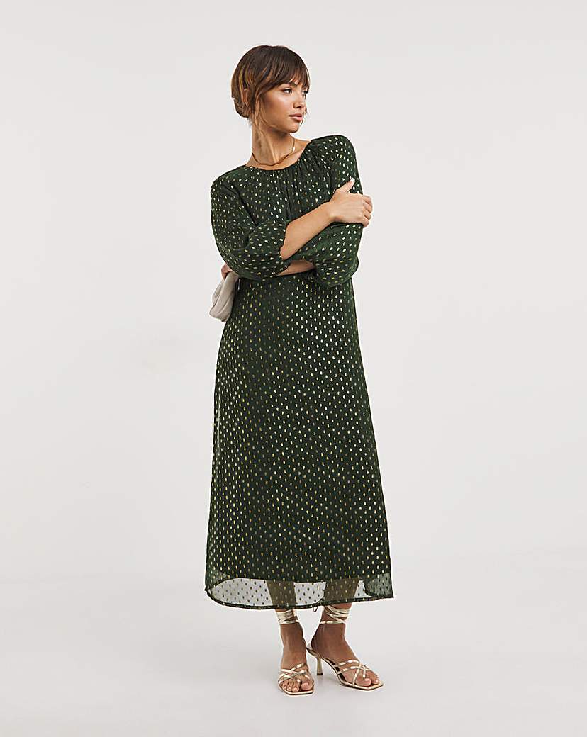 Puff Sleeve Tie Neck Lurex Dobby Dress