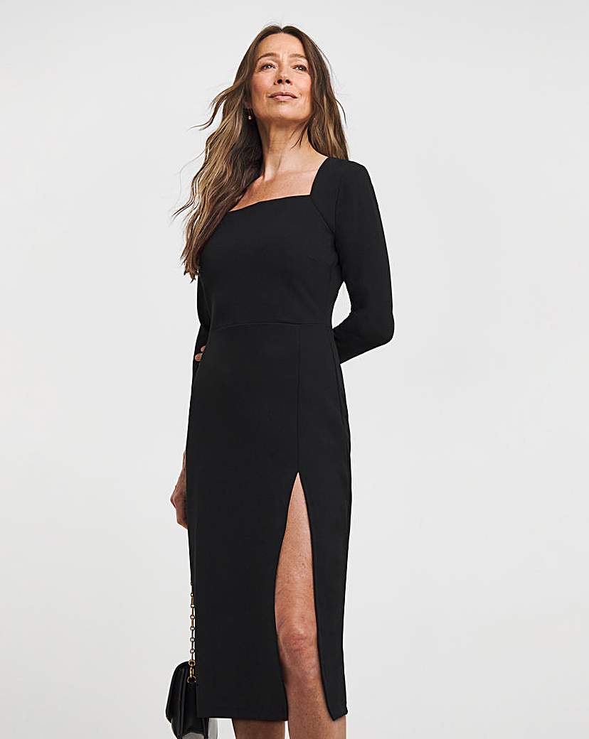 Marilyn Square Neck Scuba Crepe Dress - Black