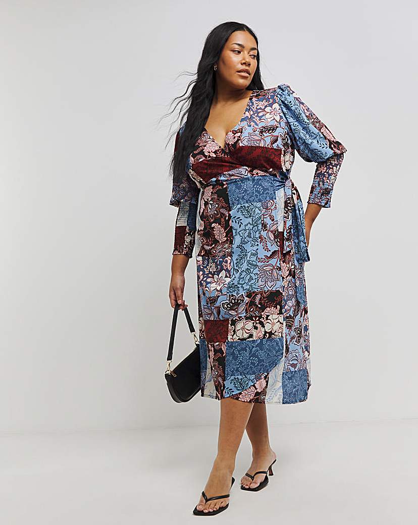 Mixed Print Wrap Midi Dress - Mixed