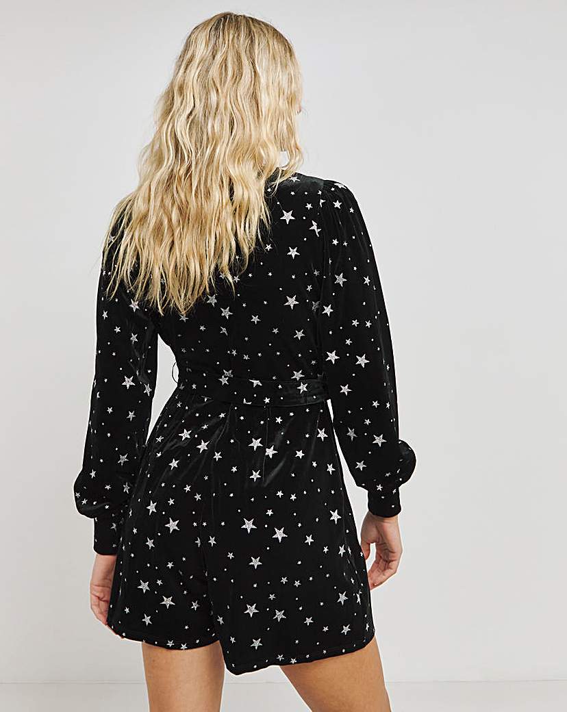 Velour Star Print Tie Waist Playsuit