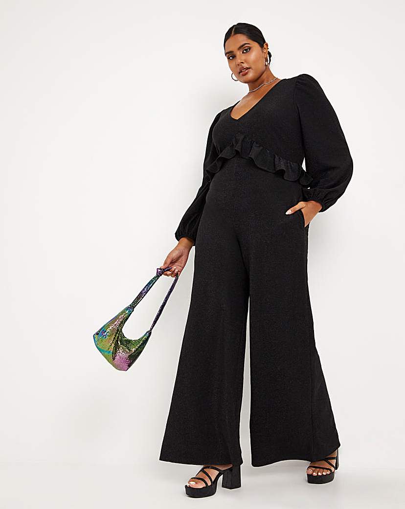 Black Glitter Knit Frill Jumpsuit