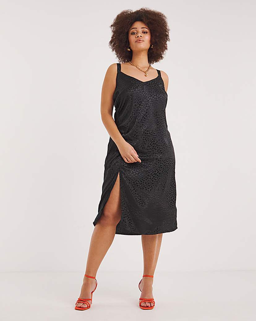 Black Satin Jacquard Ruched Slip Dress