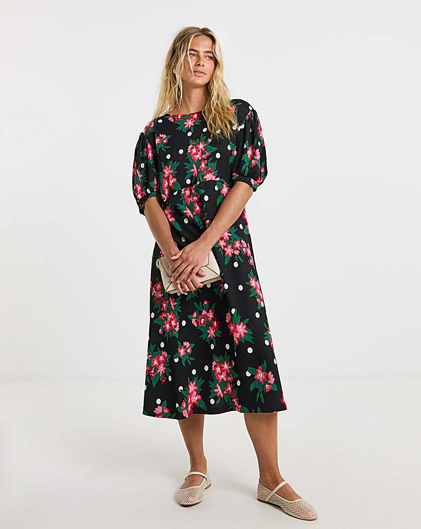 Waffle Puff Sleeve Midi Dress