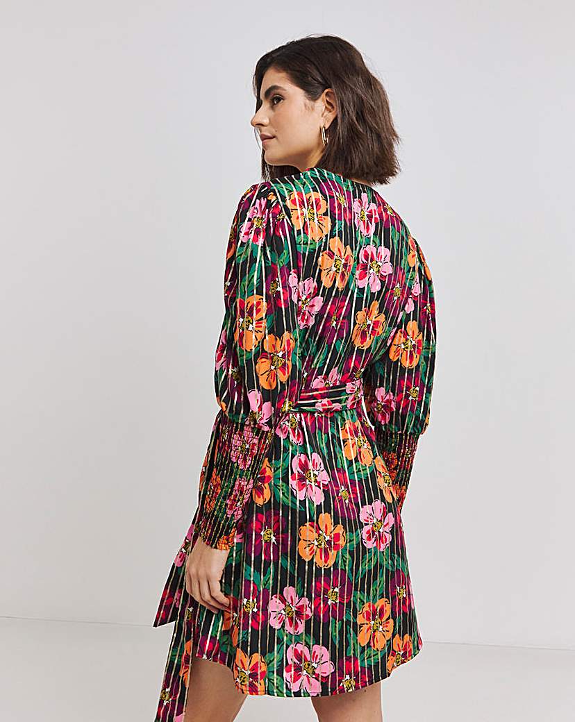 Shirred Cuff Sleeve Wrap Dress