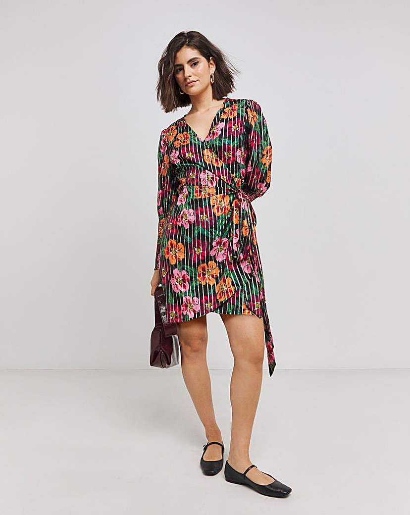 Shirred Cuff Sleeve Wrap Dress