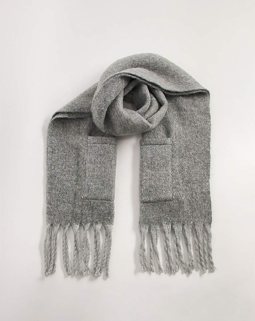 Grey Pocket Detail Fluffy Blanket Scarf - Grey