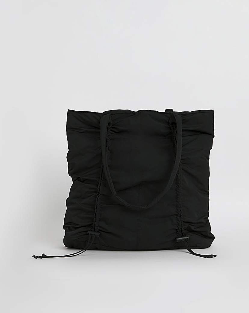 Black Ruched Nylon Detail Tote Bag