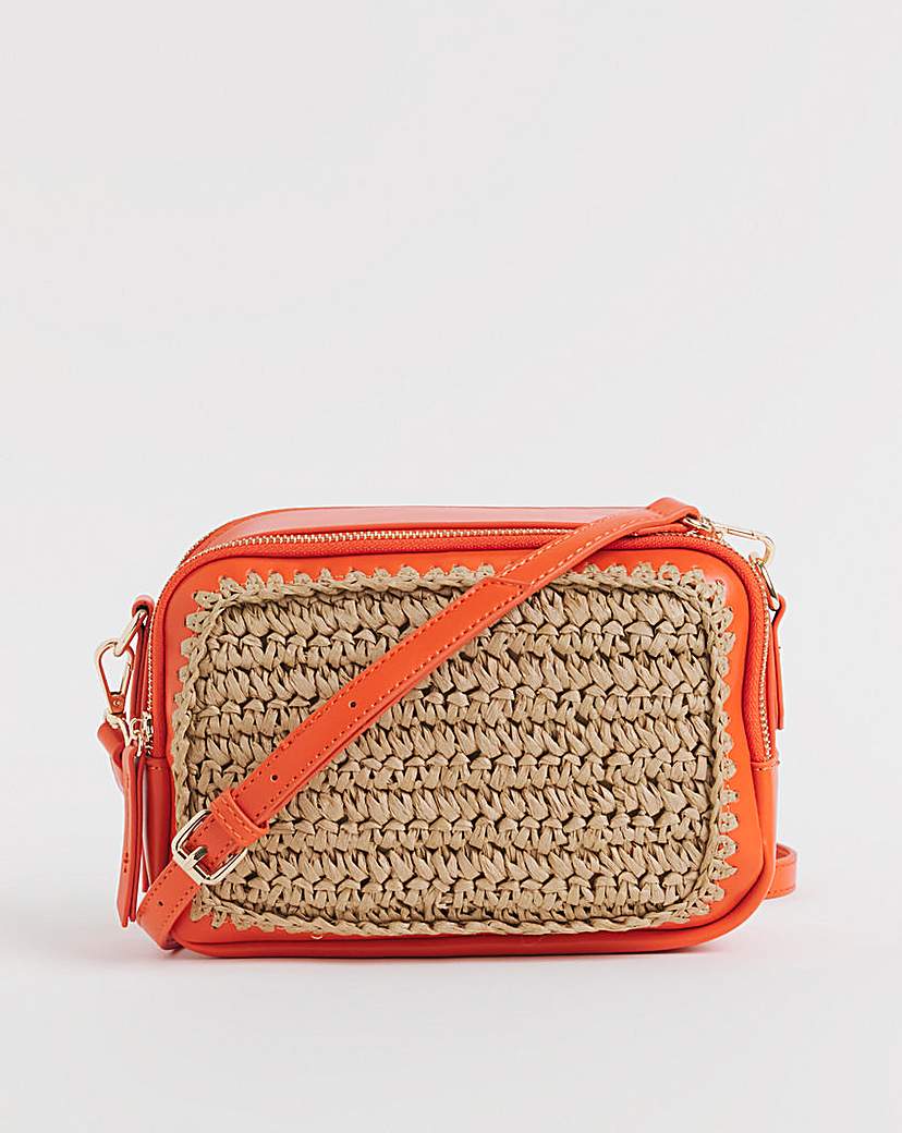 Orange Detail Raffia Camera Bag