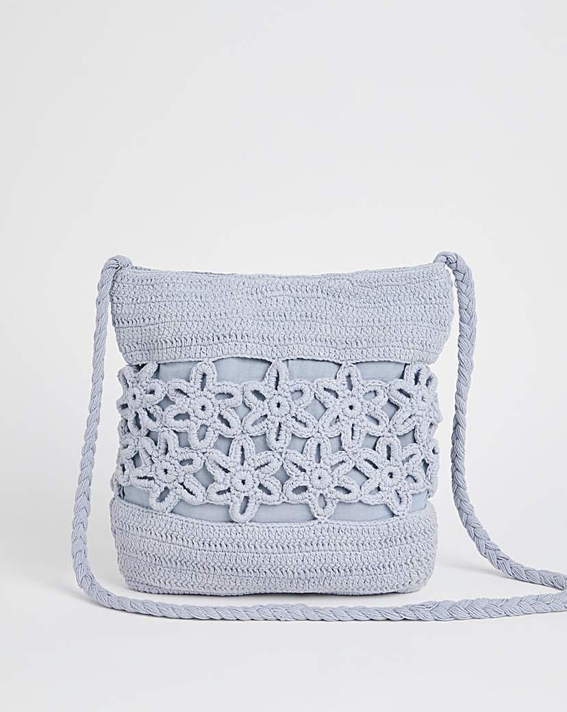 Flower Detail Blue Crochet Tote Bag