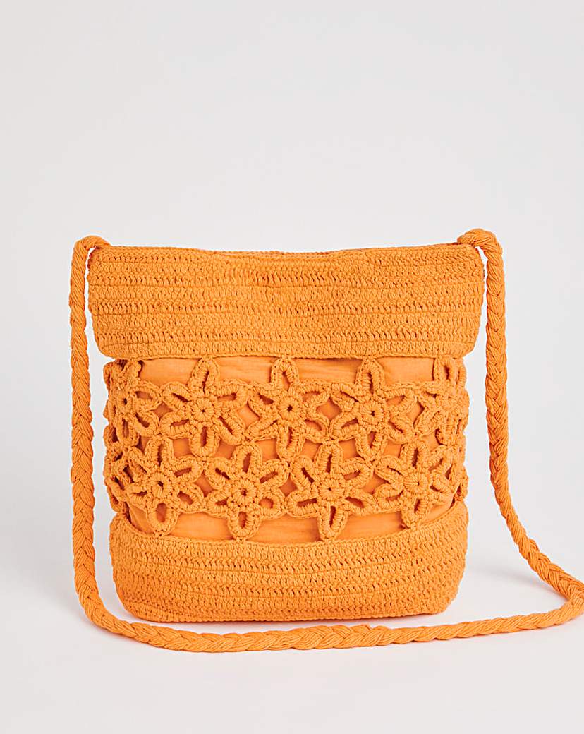 Flower Detail Orange Crochet Tote Bag