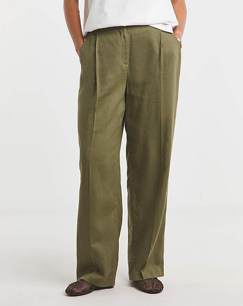 Khaki Linen Blend Wide Leg Trousers