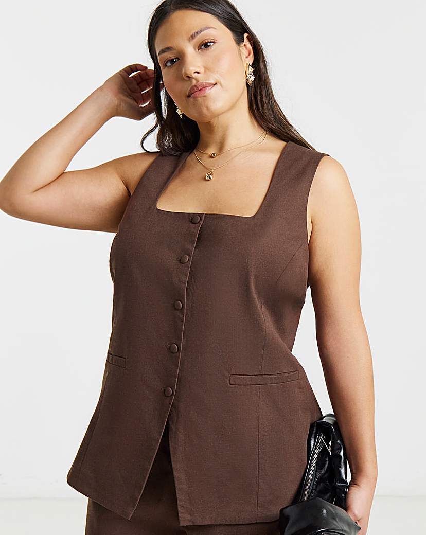 Simply Be Chocolate Linen Longline Square Neck Waistcoat