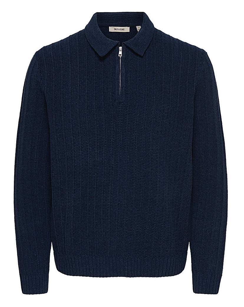 Only & Sons Emil Zip Polo Jumper - Blue