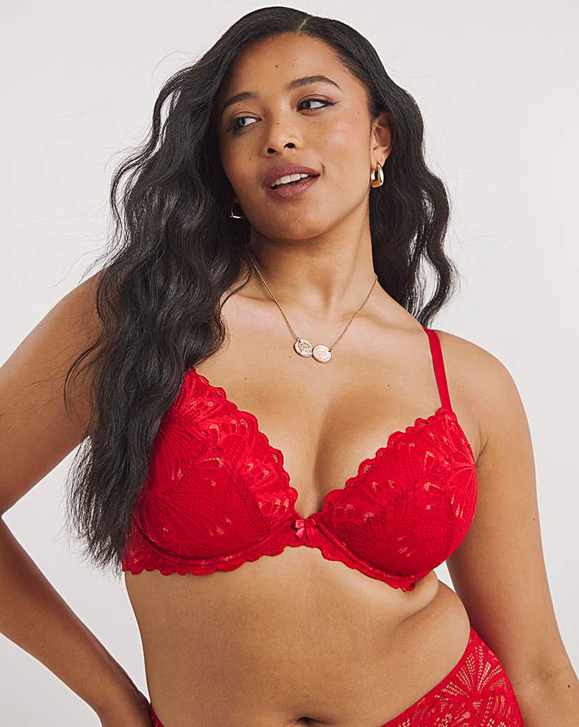 Red Floral Scalloped Edge Lace Longline Bra And Panties Set