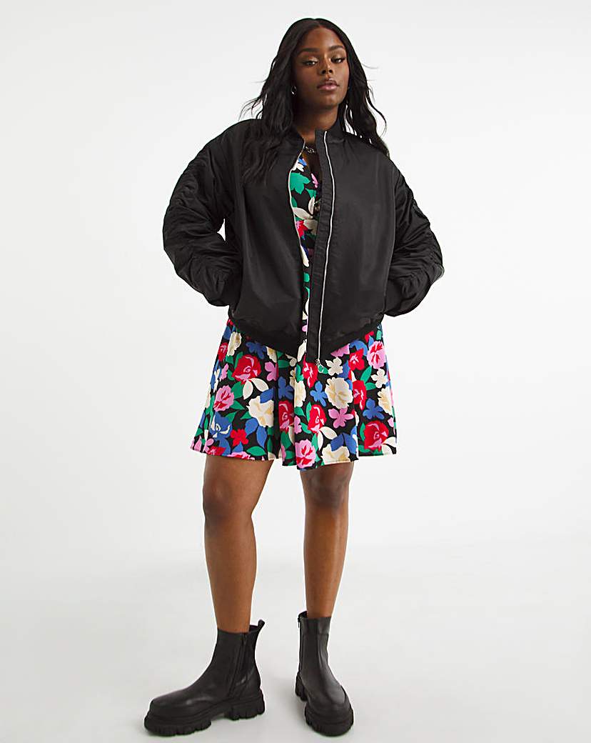 Black Satin Quilt Lined Bomber Jacket