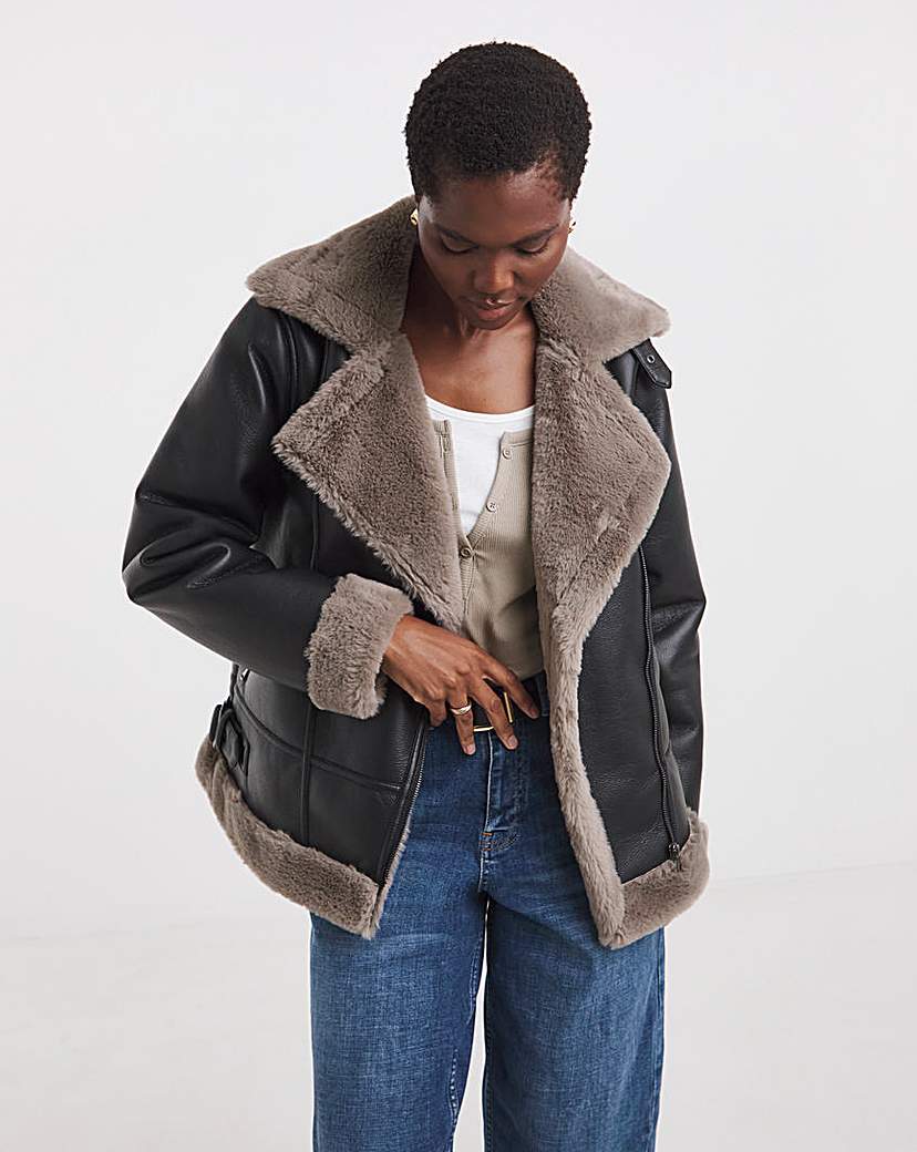 Contrast Faux Fur Lined Aviator Jacket