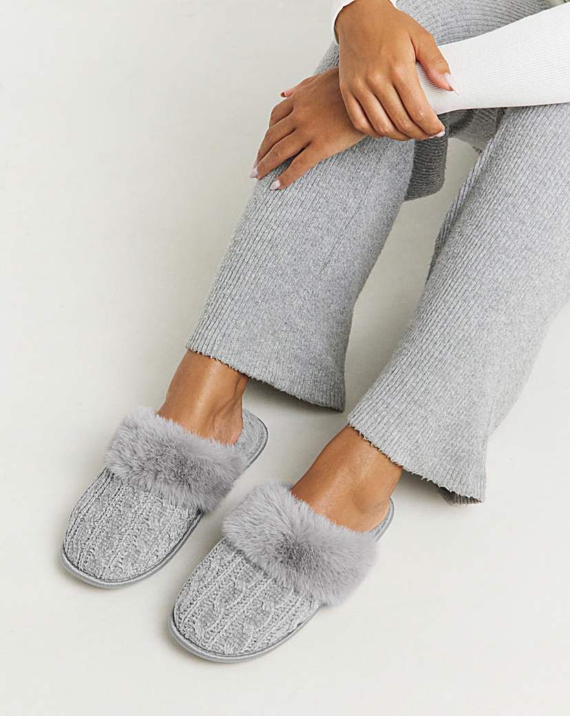 New In - Fur Trim Mule Slipper Wide Fit