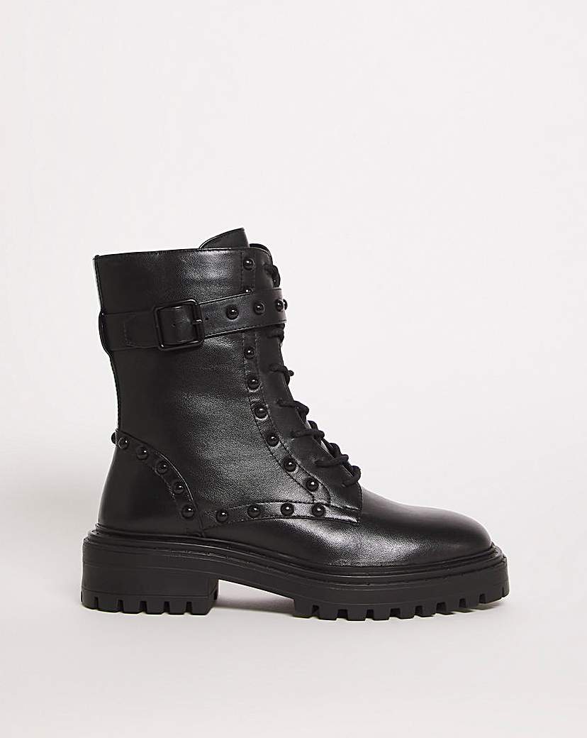 Leather Lace Boot With Stud Detail E Fit - Womens - Size 5 - Chunky Boots - Combat Style  - Black