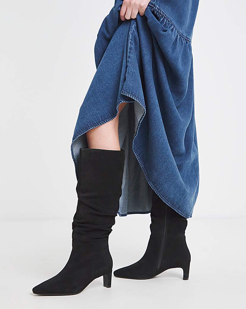 Ruched Suede Kitten Heel Boot Wide C