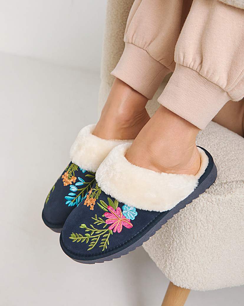 Embroidered Mule Slipper Ex Wide Fit