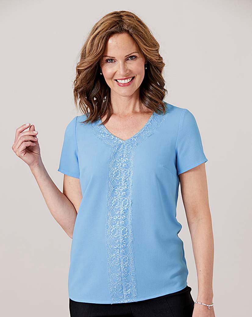 Bubble Crepe Shell Top with Lace Trim