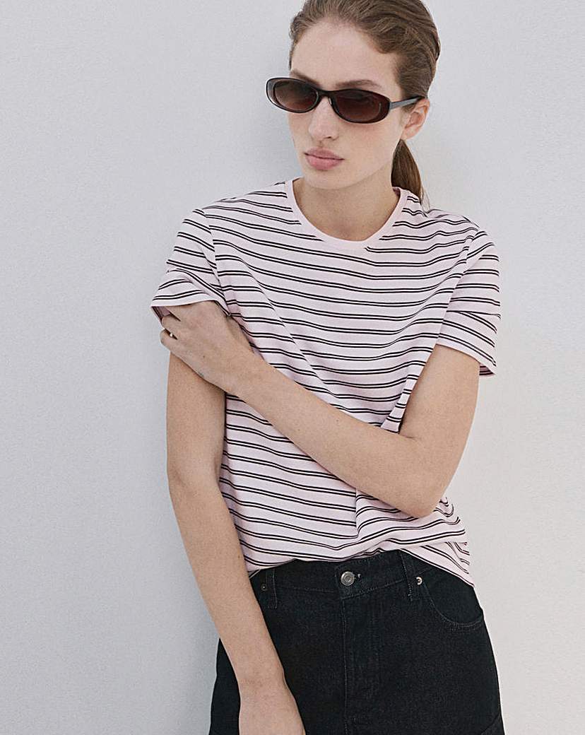 Mango White Stripe Short Sleeved Cotton T-Shirt - Small