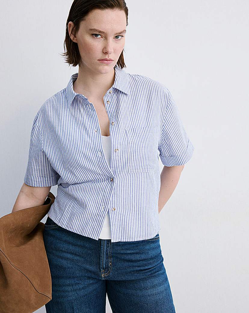 Mango Women's Blue Stripe Short Sleeve Striped Shirt Size 14