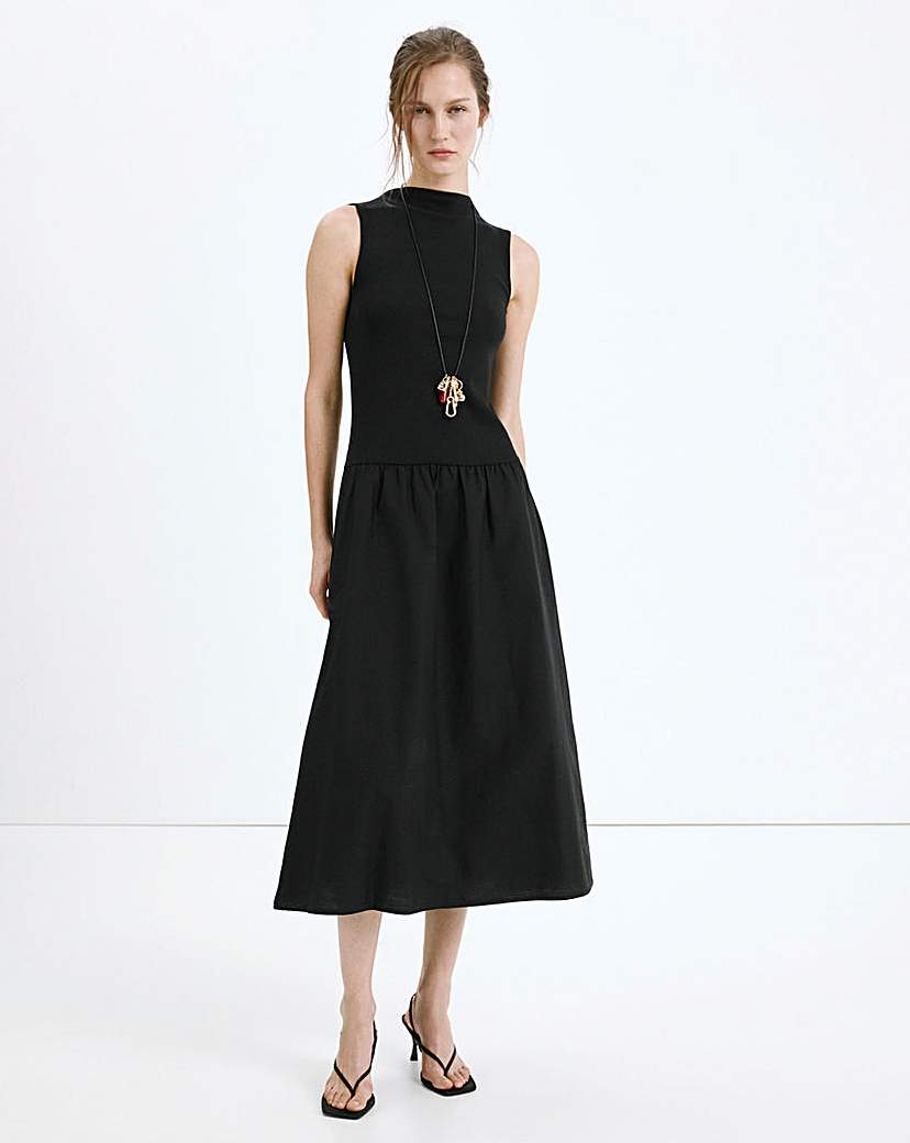Mango Black Contrast-Bodice Dress - Size 24
