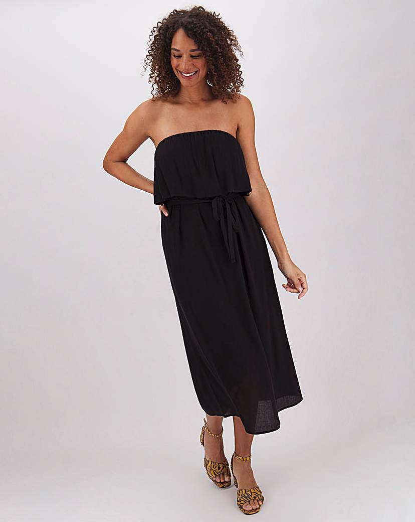 Black Bandeau Crinkle Midi Dress