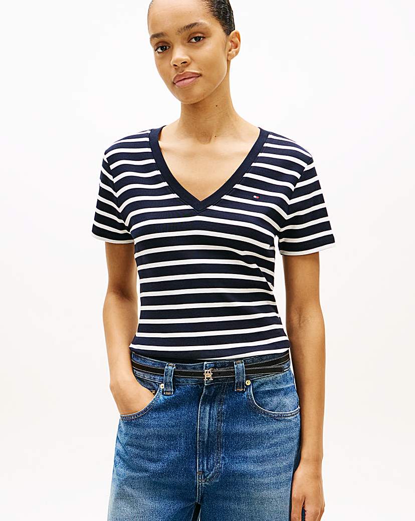 Tommy Hilfiger Navy Stripe Slim Cody V Neck Tee - Xxl