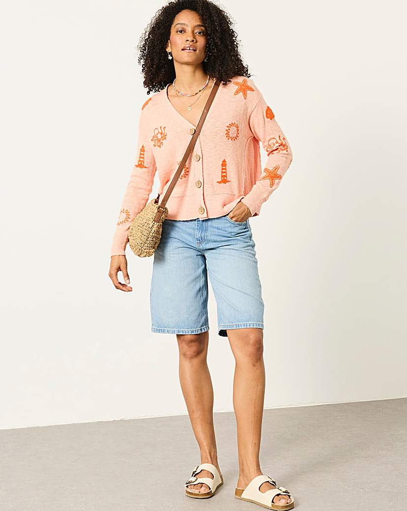 Fatface Women's Coral Pink Seascape Embroidered Cardigan Size 24