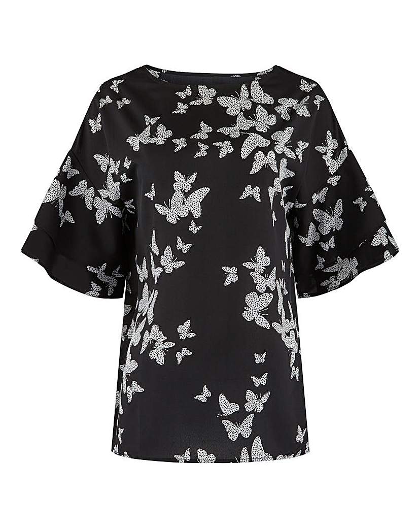 Butterfly Print Fluted Sleeve Boxy Top