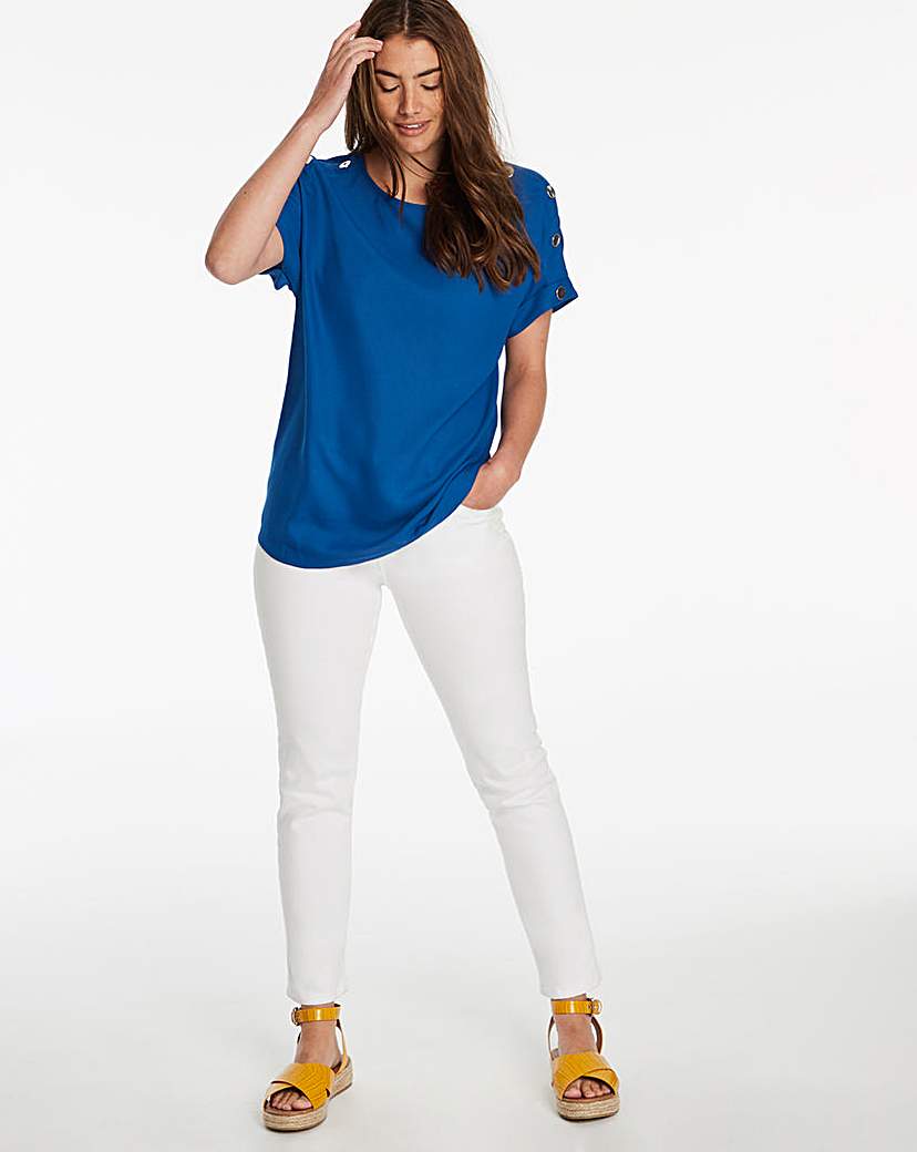 Image of Bright Blue Button Detail Woven T-Shirt