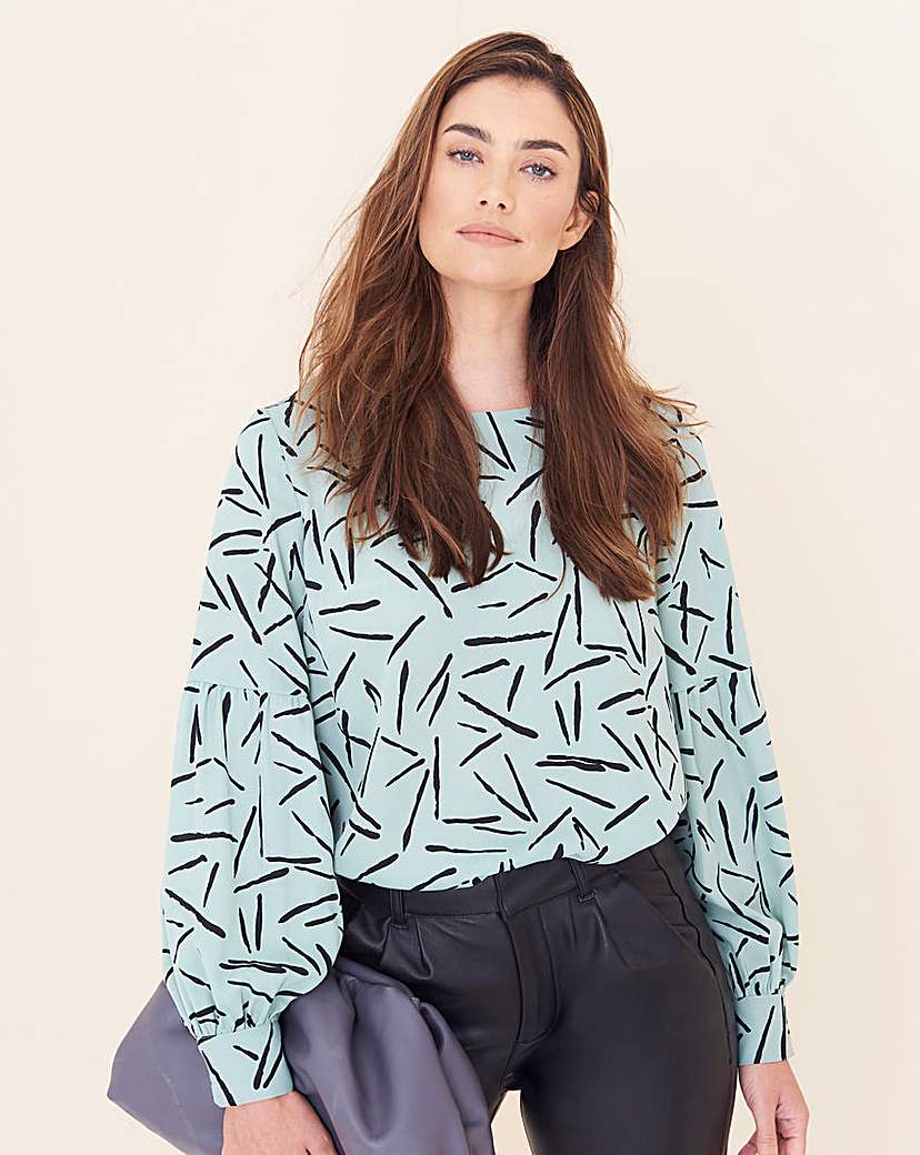 Sage Print Balloon Sleeve Blouse