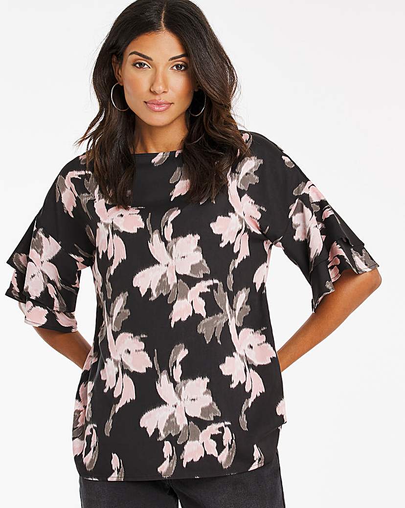 Floral Print Fluted Sleeve Boxy Top