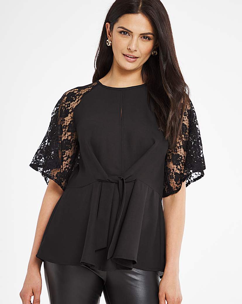 Black Lace Sleeve Knot Front Blouse